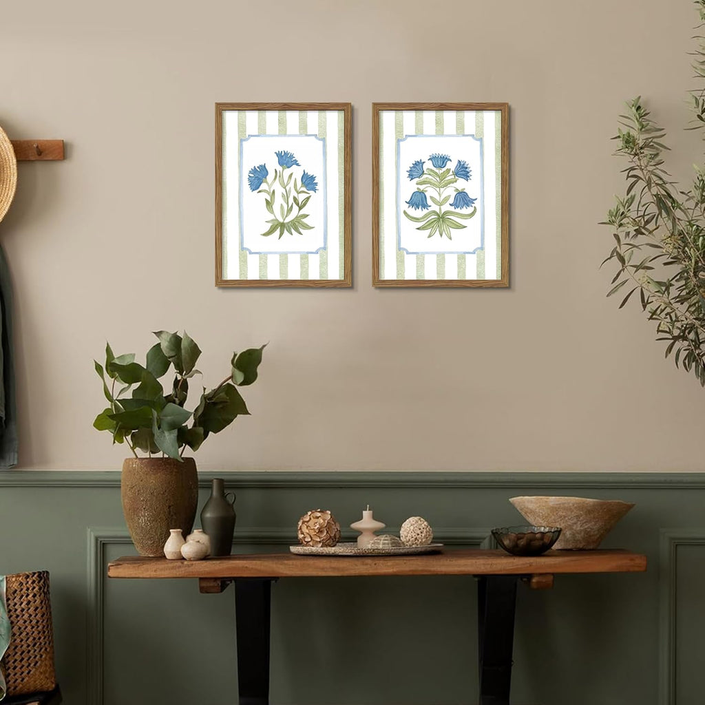 Framed Floral Wall Art Set of 2, Vintage Blue Flower Botanical Canvas Wall Decor Paintings, Cottagecore Stripe