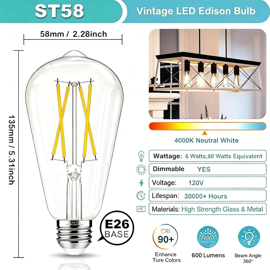 LED Vintage Edison Bulbs 6W, Eq 60W 4000K Cool White 90+CRI E26