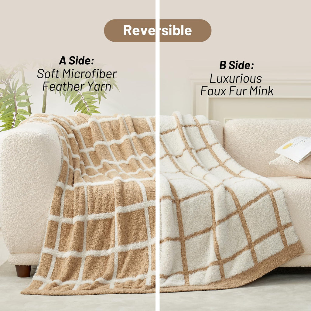 Faux Fur Throw Blanket, Plaid Beige, 50"x60"