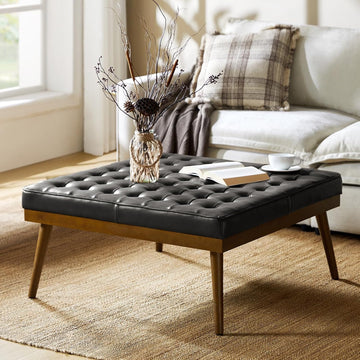 36" Genuine Leather Square Tufted Ottoman Coffee Table, Black | Button Tufted Style, Solid Wooden Flared Legs