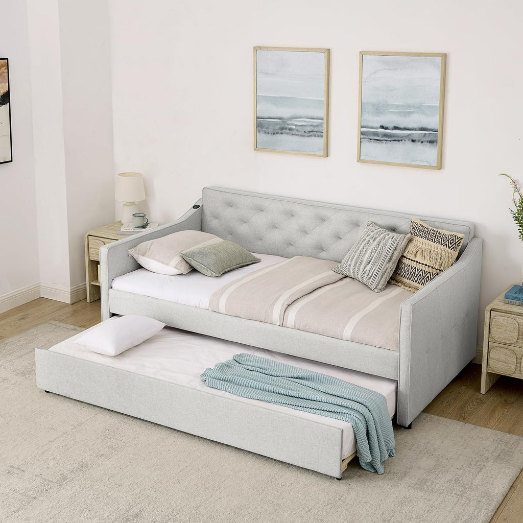 Daybed with Pop up Trundle, Fabric Upholstered Twin Size Day Bed Pull-Point Sofa Daybed Frame w/Twin Roll-Out