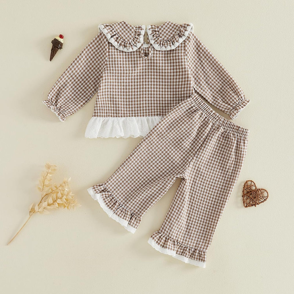 Toddler Baby Girl Fall Winter Outfits Plaid Collared Ruffle Shirt Pants Set