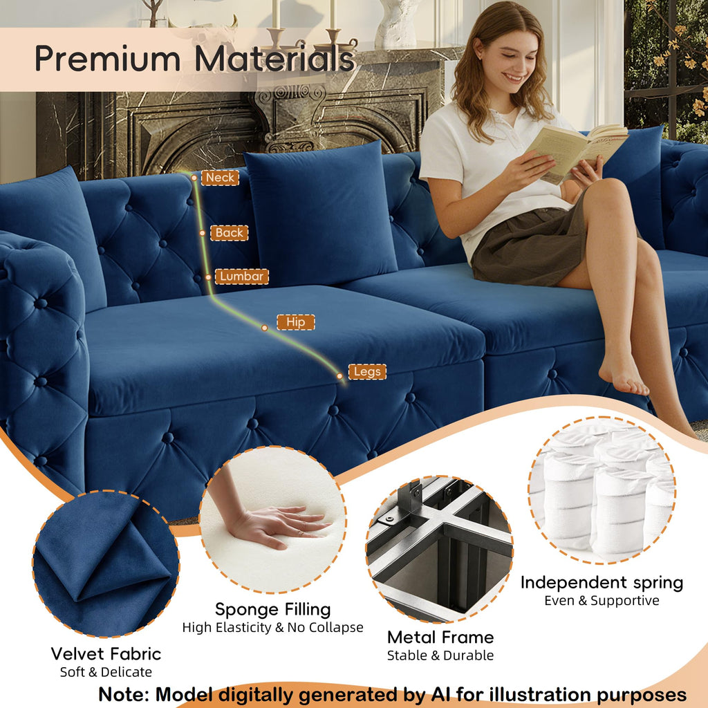 89'' Velvet Chesterfield Sleeper Sofa, King Couch Bed, Midnight Blue