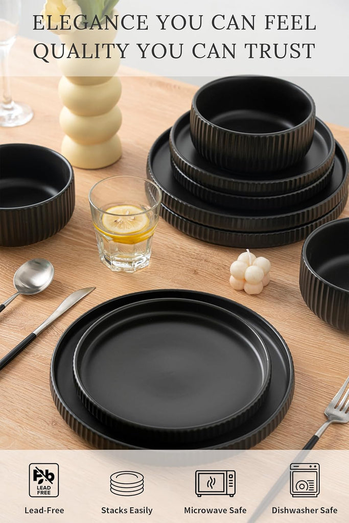 Dinnerware Sets for 4,Microwave Safe Plates and Bowls Sets,12 Piece Dylan Dish Set,Reactive Glaze Stoneware Dinnerware