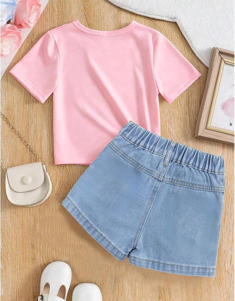 Girls Clothes 2PCS Butterfly Print Short Sleeve T-Shirt Denim Skirt Shorts Set Teen Tween Girls Summer Outfits Set