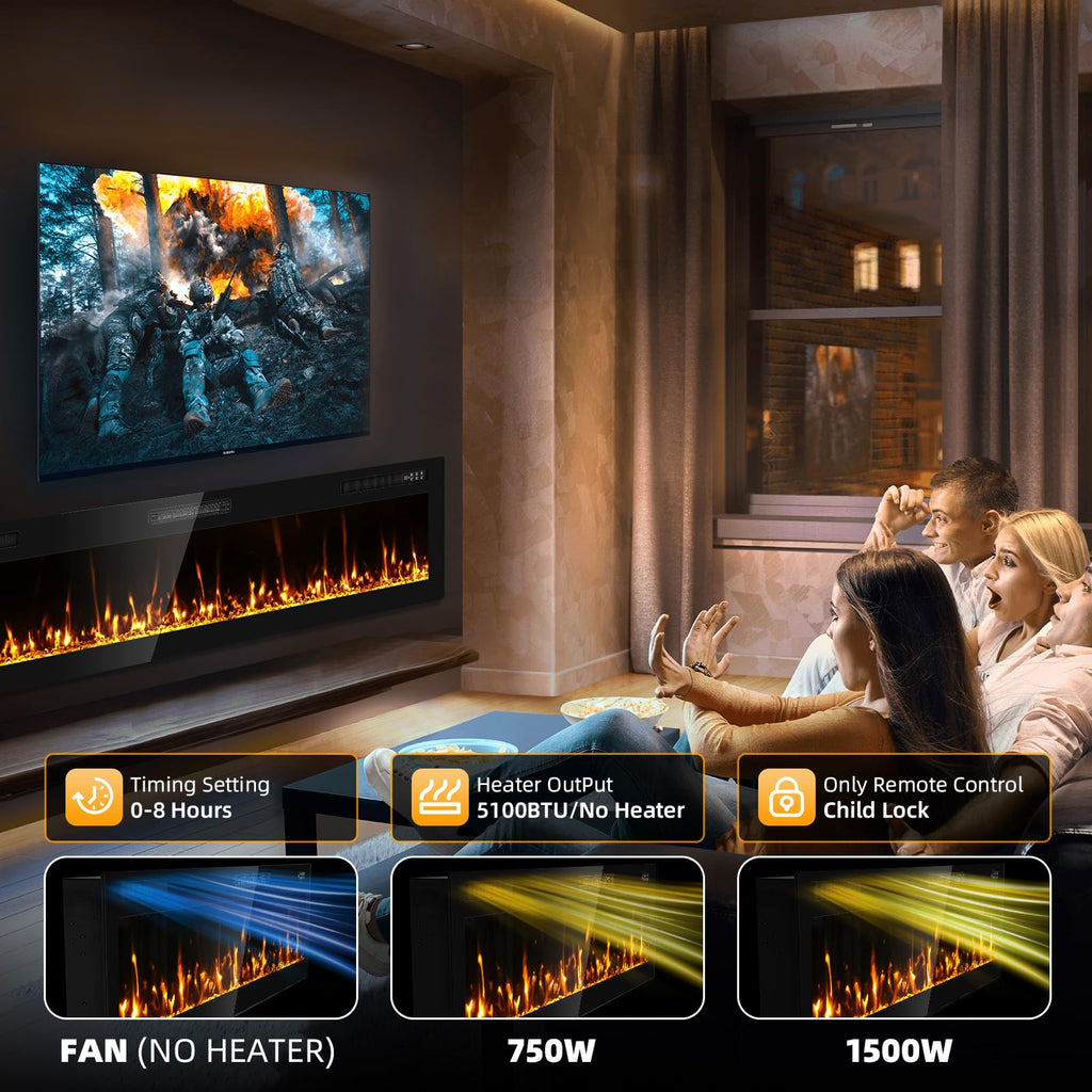 2025Newly Upgraged 72 inch Ultra Thin Electric Fireplace Inserts and Wall Mounted with Remote Control & Touch Screen