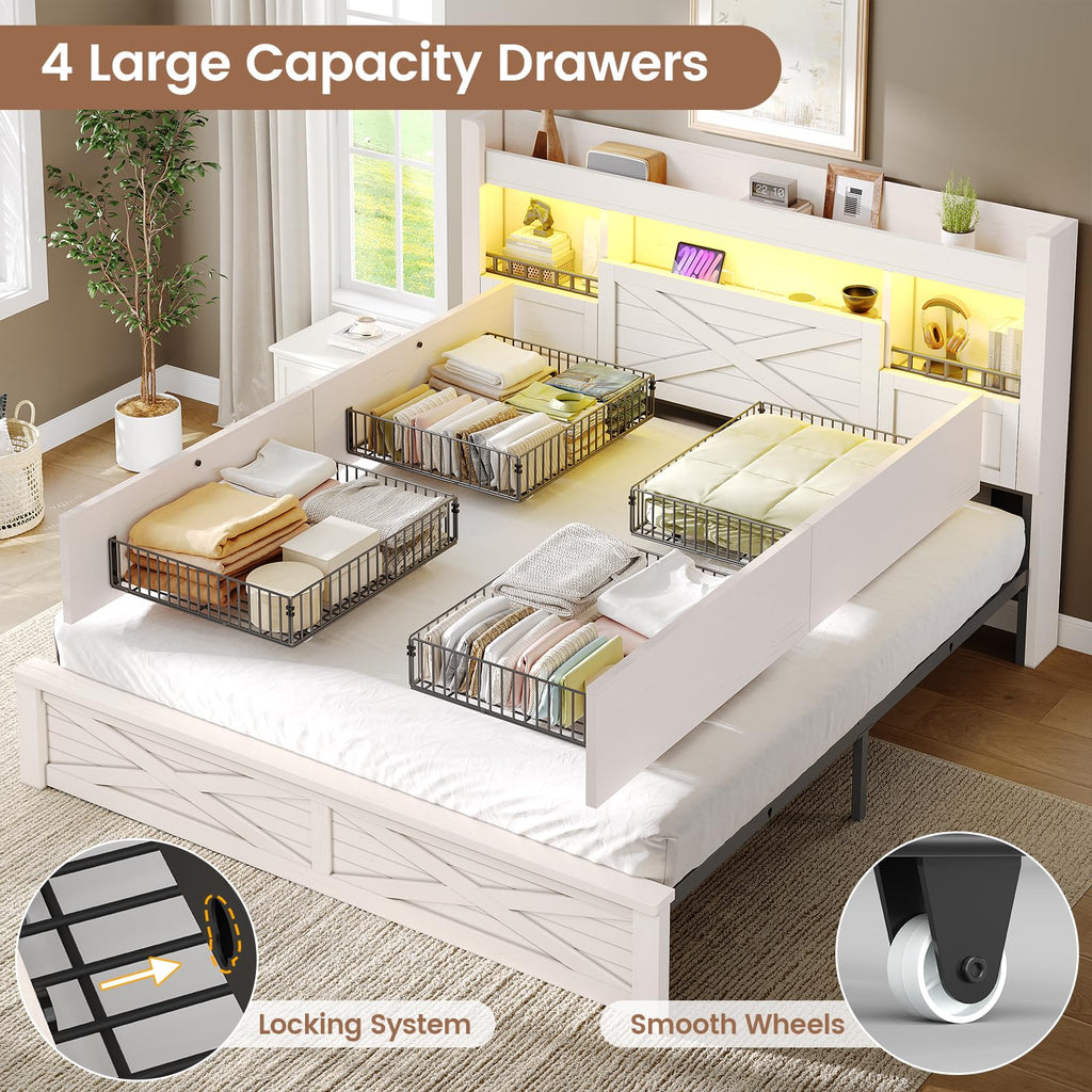 Farmhouse Bed Frame with Flip-Down Bookcase Storage Headboard and 4 Drawers, Rustic Wood Platform Bed Frame