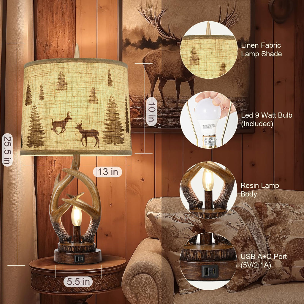 Rustic Farmhouse Antlers Table Lamp Set of 2 with Night Light