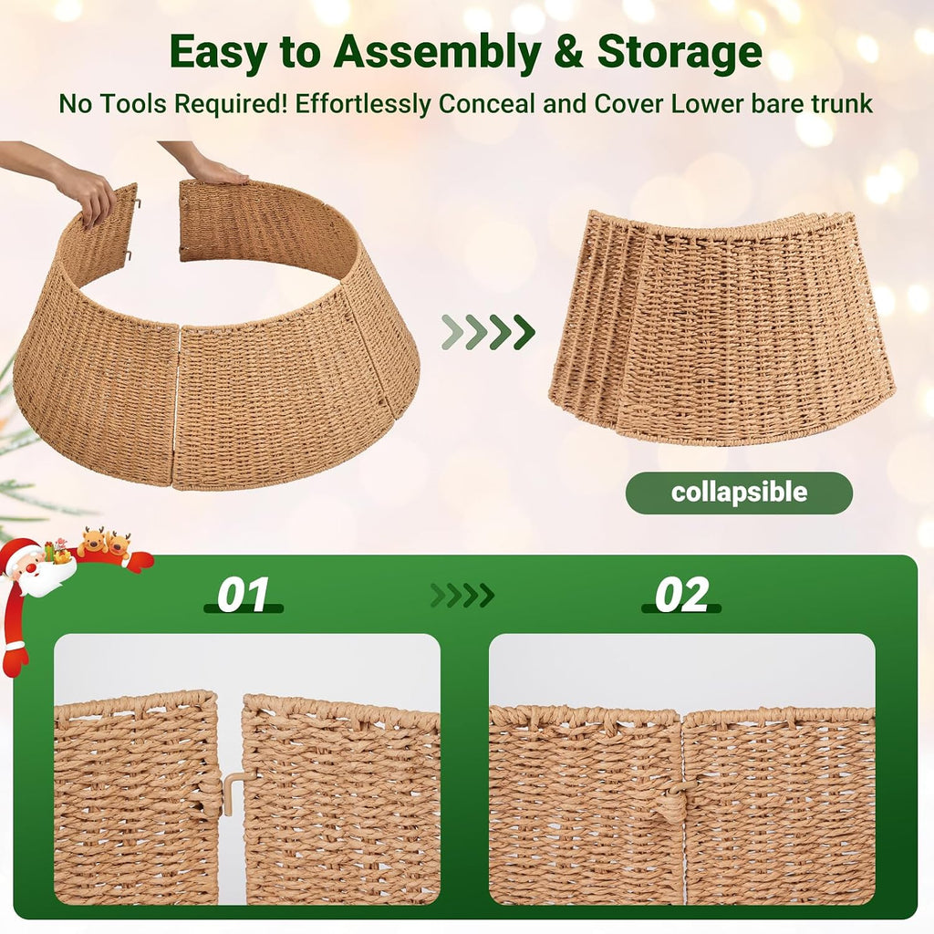 28" Christmas Tree Collar, Woven Paper Rope Xmas Tree Skirt, Rustic | Rustic Farmhouse Tree Base Cover with Cord