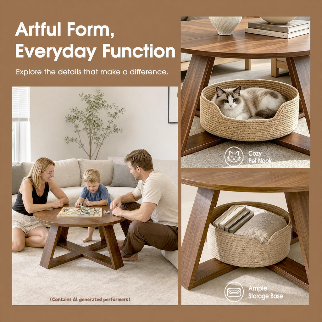 Round Coffee Table with Open Storage -Walnut Wood