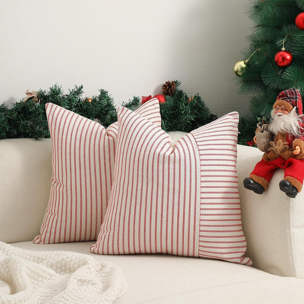 Red Christmas Throw Pillow Covers 20x20 Striped Pillow Cover - Set of 2