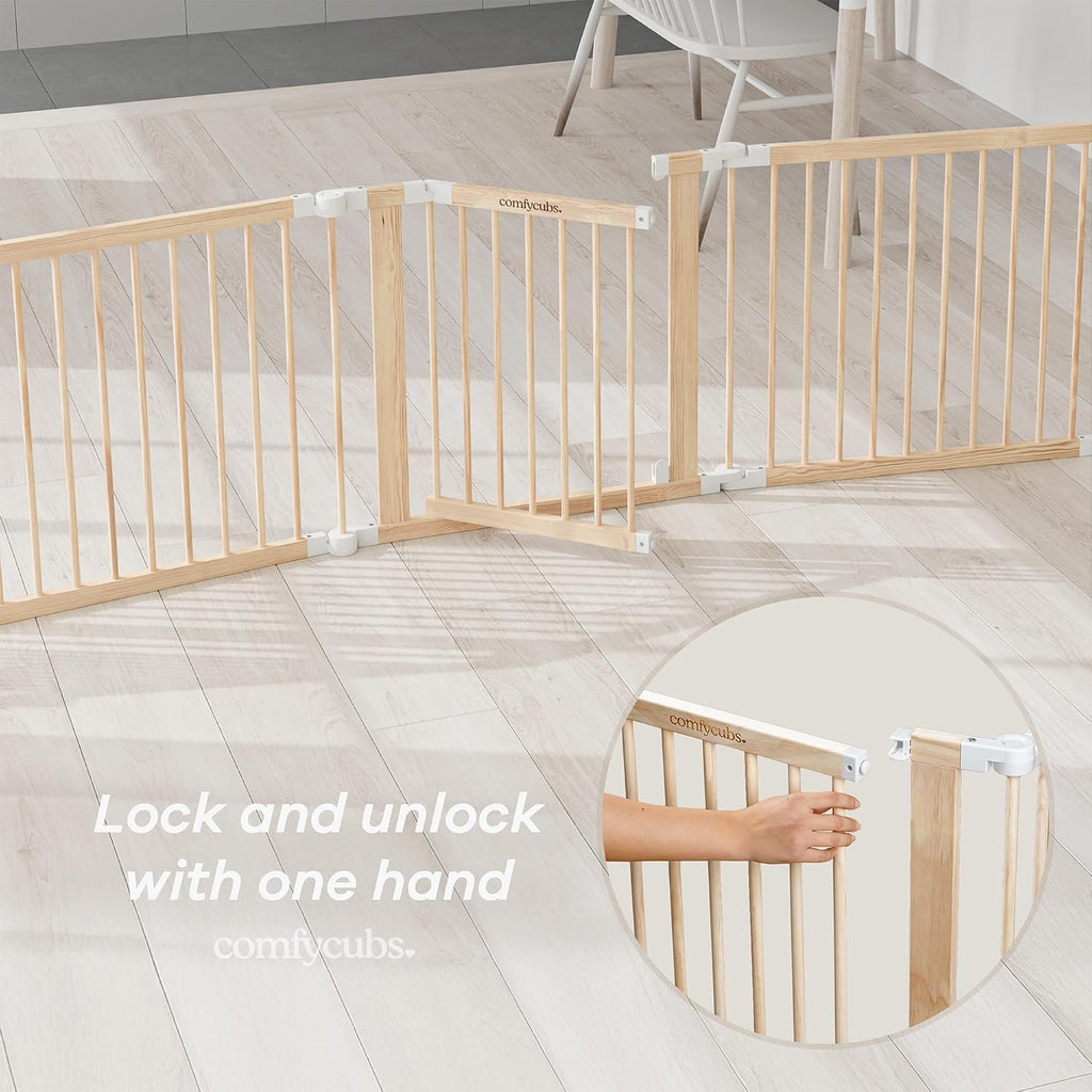 Baby Gate Playpen 57x57x25in - Foldable Playpen Light Wood White | Extends Up to 228", Natural Pine Wood Baby Fence