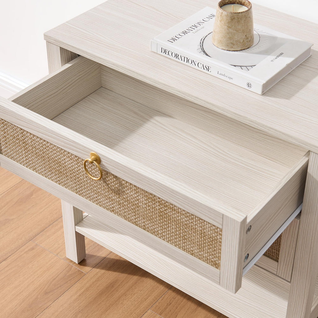 White Rattan Nightstand Set of 2, Wide Bedside Table with 2 Drawers