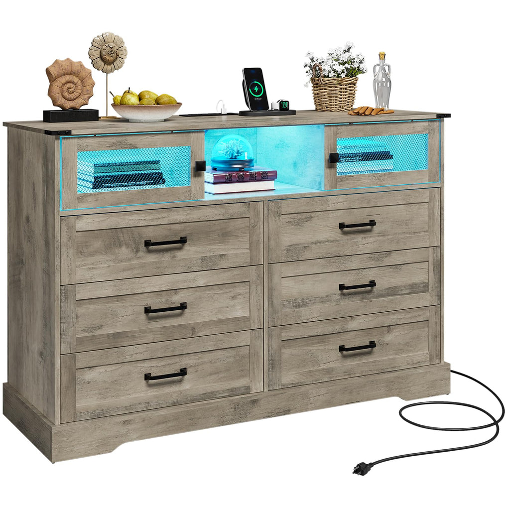 6 Drawer Dresser with LED Lights and Charging Station, Farmhouse Chest of Drawers Closet Organizer, Clothes Storage