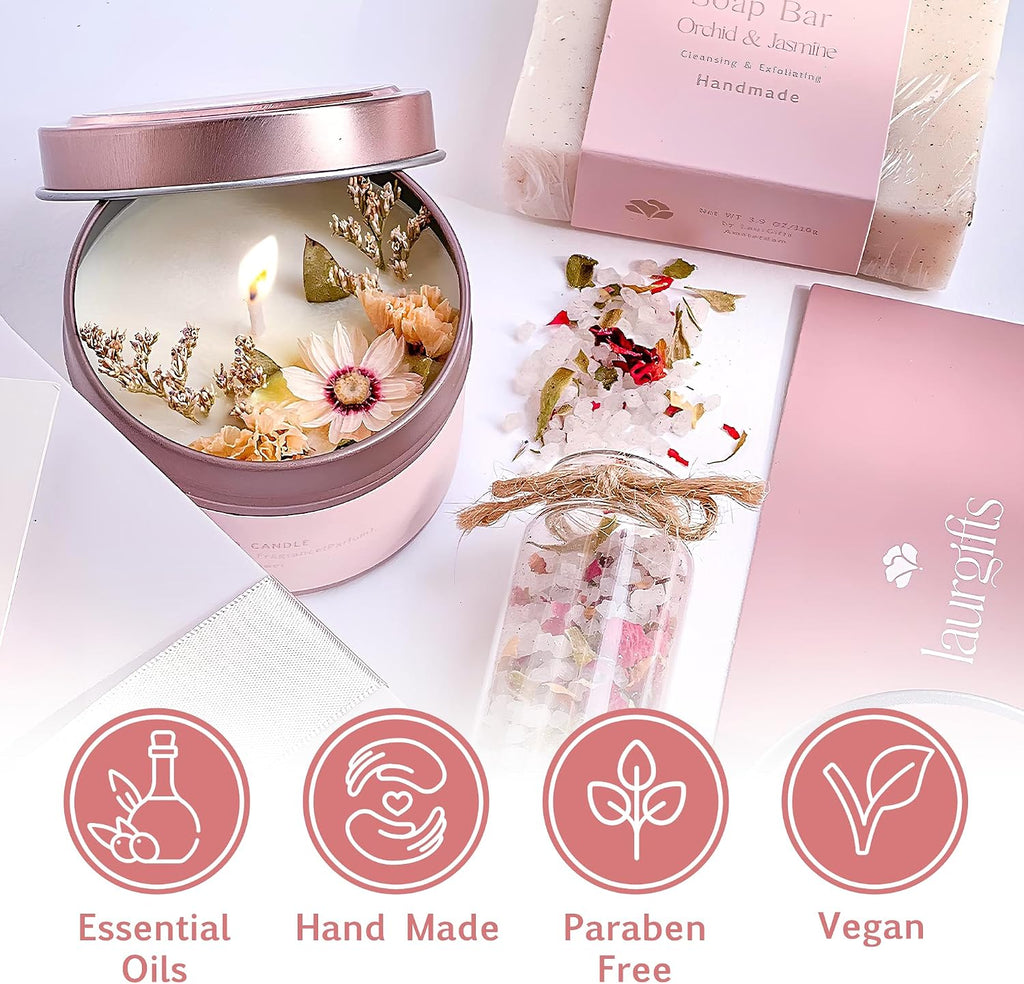 Birthday Gifts for Women - Orchid & Jasmine Spa Gift Basket, Luxury Candle Set & Bath Sets Care Box, Gift for Mom - Set of 6