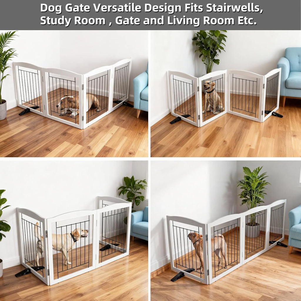 Freestanding Dog Fence Indoor, Foldable Dog Gate for Doorways, Stairs or Hallways, Sturdy Wood Extra Wide Pet Gate