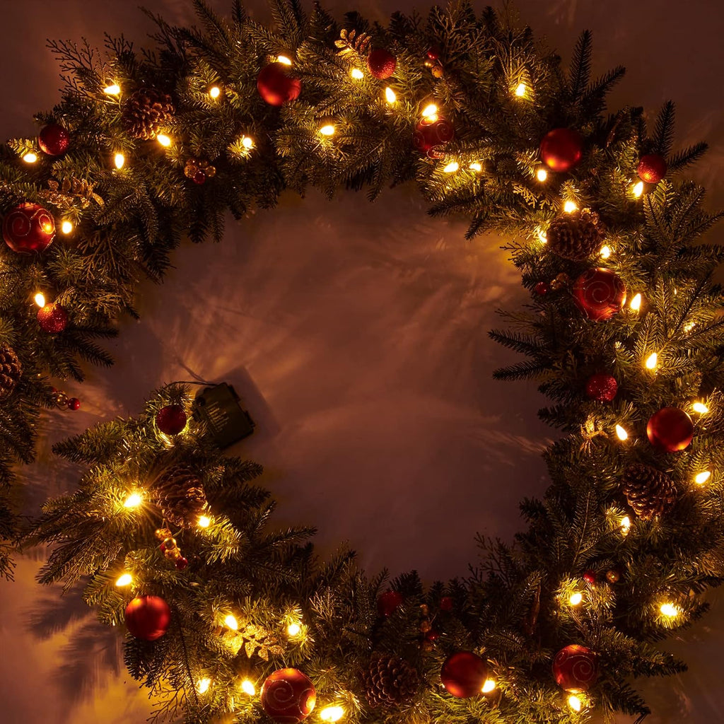 9FT Red Gold Christmas Garland Prelit with Battery Operated 50 LED Lights,Holiday Decoration Stairs Mantle Door