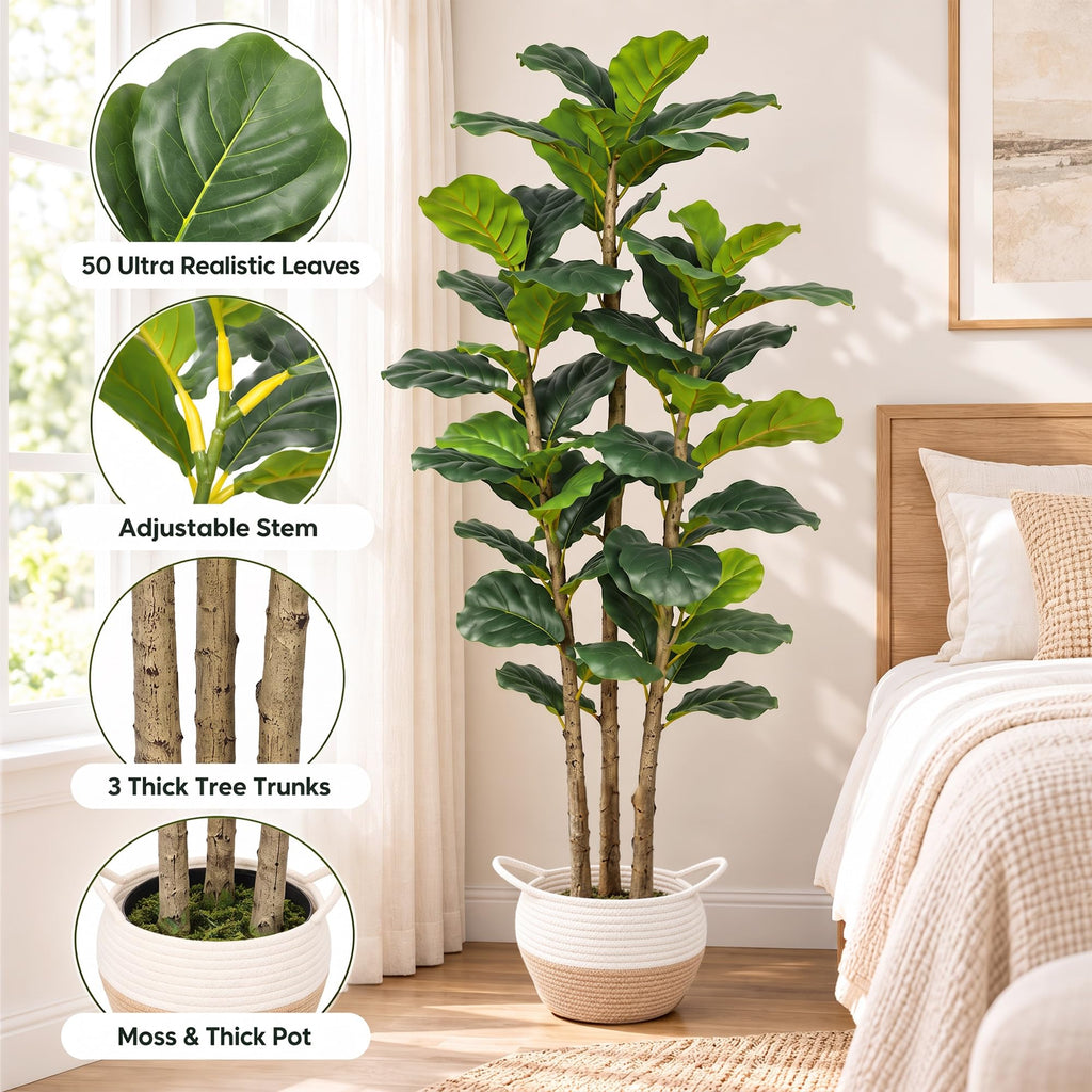 Fiddle Fig Tree Artificial 5FT Faux Trees Indoor with Planter & Basket
