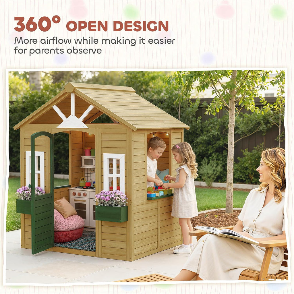 Outdoor Playhouse Wooden Kids Playhouse Functional Door Ages 3-8 Brown | Three Windows, Two Flower Boxes, Kids