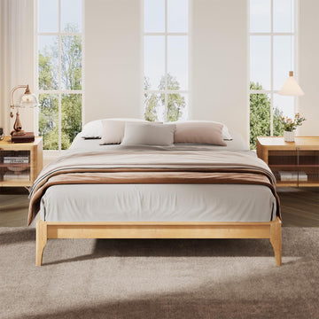 Japanese Natural Bamboo Bed Frame, 7.3"Storage Space Wood Platform Bed, Low Profile Floating Design Without