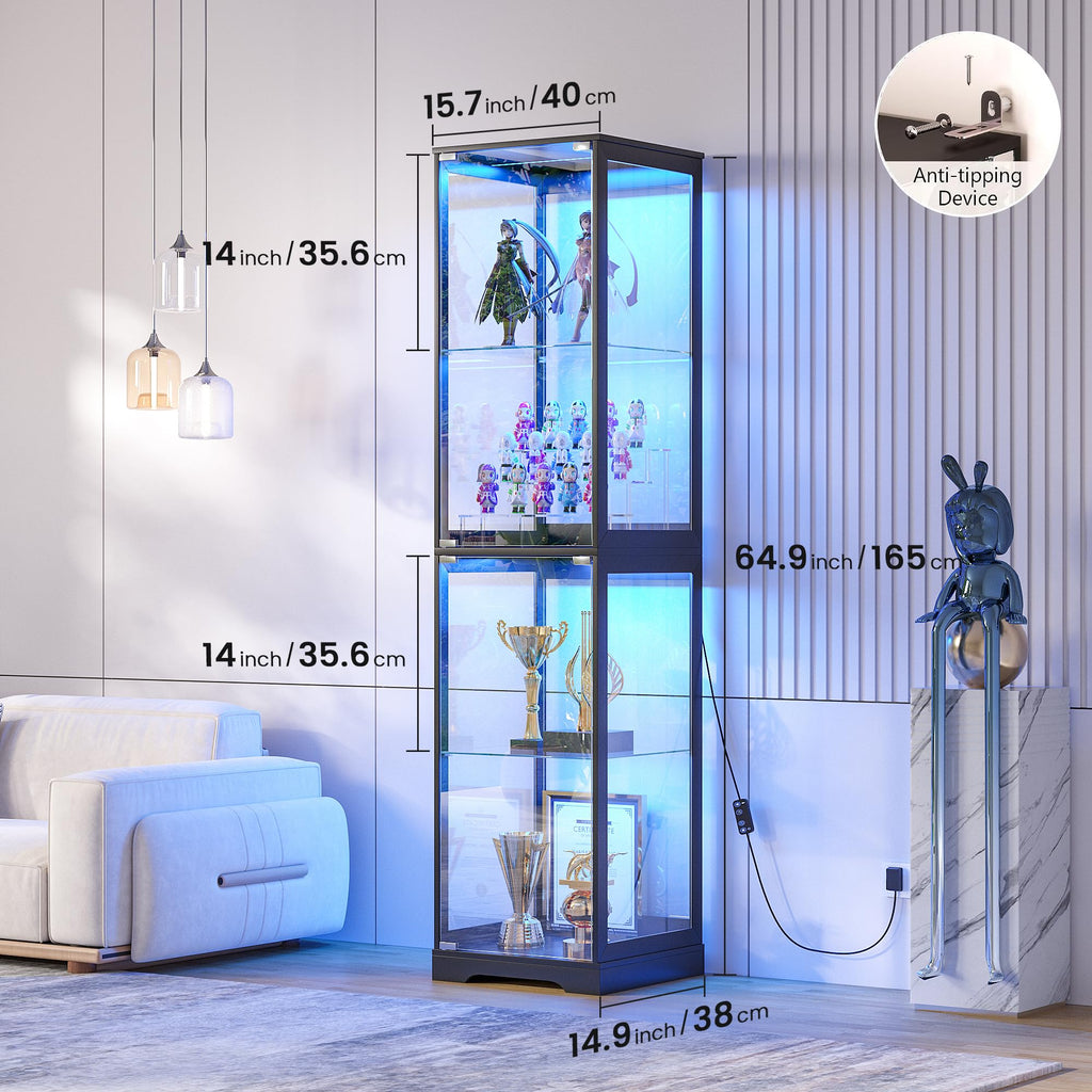 Glass Display Cabinet with Doors and LED Light, 2PC Black