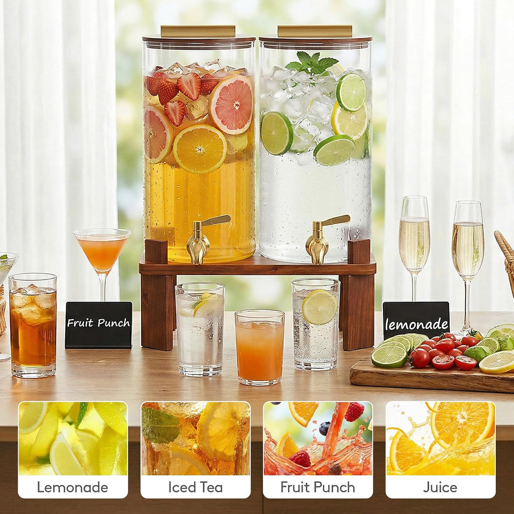 1.5 Gallon Glass Drink Dispenser with Wood Stand & Leakproof Spigot - Set of 2