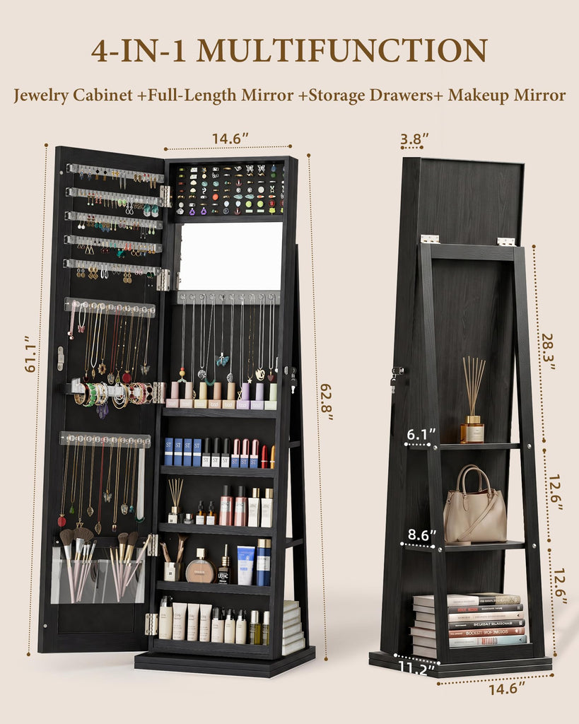 360° Swivel Jewelry Cabinet with Full-Length Mirror, Lockable, Black
