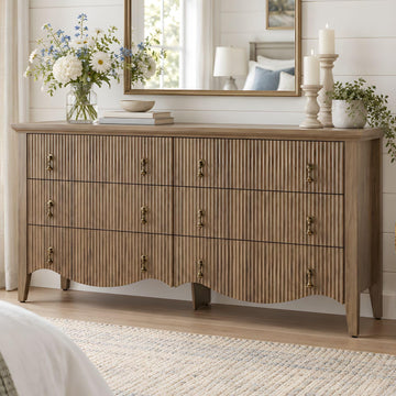 6-Drawer Fluted Dresser, 52" Wide Double Chest of Drawers, Light Oak