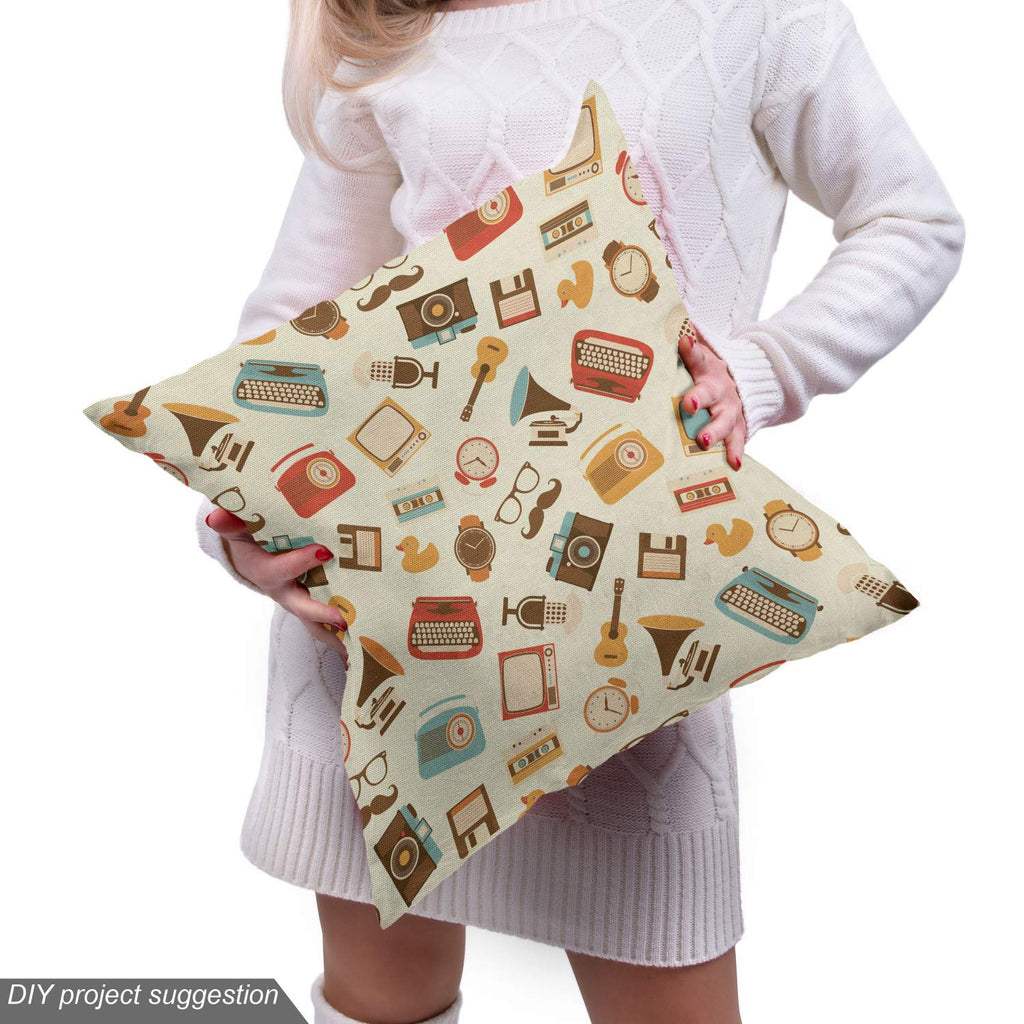 Vintage Fabric by The Yard, Retro Pattern Old Fashioned Alarm Clock Typewriter Gramophone Radio Cassette, Decorative