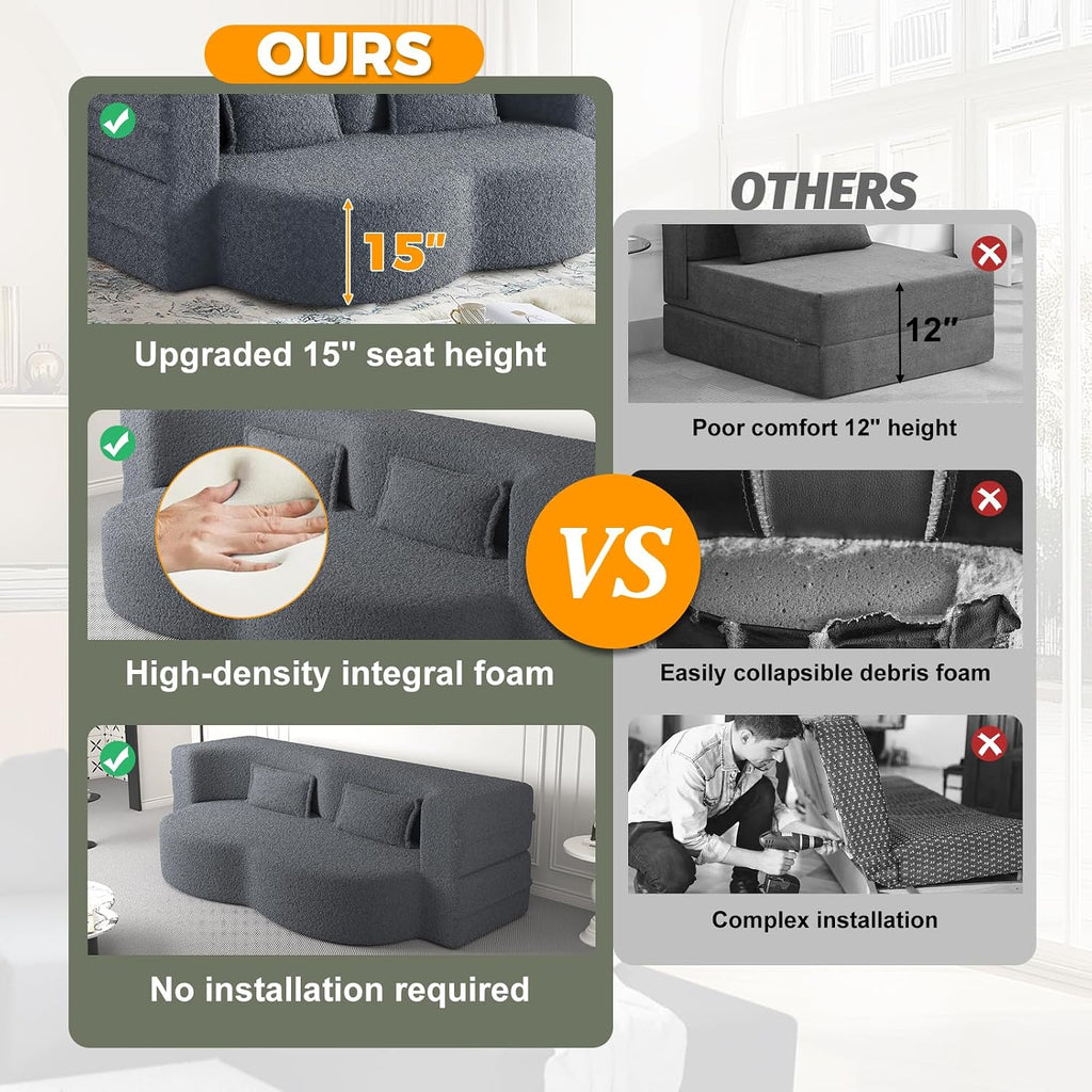 78" Convertible Folding Sofa Bed, 2-in-1 Full Size Floor Boneless Couch Bed, Loveseat sleeper Couch , Teddy Floor