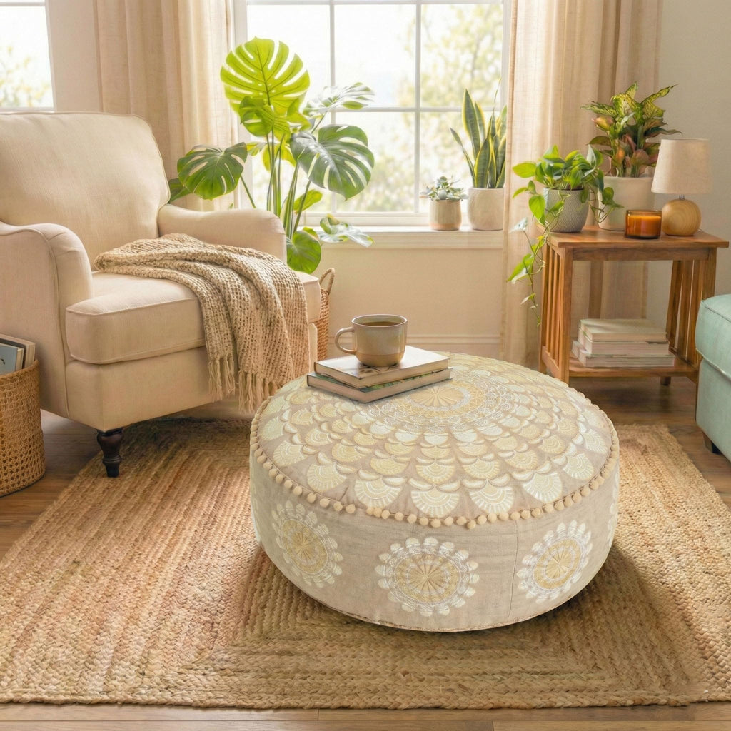 Bohemian Pouf Ottoman Cover 24x8- Luxury, Artisan Room Décor Pouffe for Meditation, Yoga, and Boho Chic