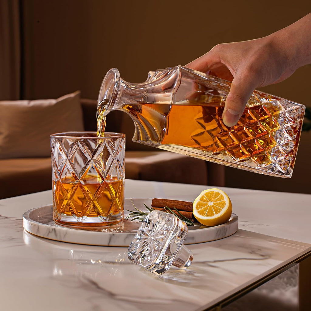 Whiskey Decanter Set, Italian Crystal Decanter with 4 Whiskey Glasses in Gift Box - Bourbon Decanter for Scotch - Set of 5