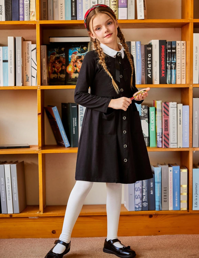Girl's Button Dresses Down Long Sleeve Sundress A-line Dress