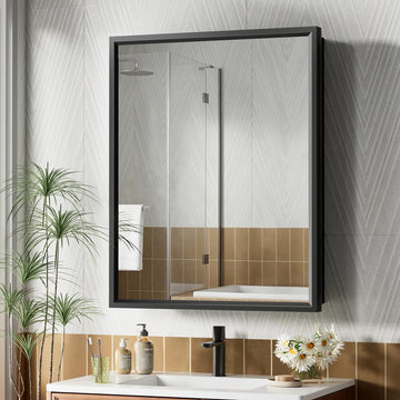 24" x 30" Black Medicine Cabinets with Mirror, Aluminum Alloy Framed Mirror, Metal Bathroom Vanity Mirror with Storage