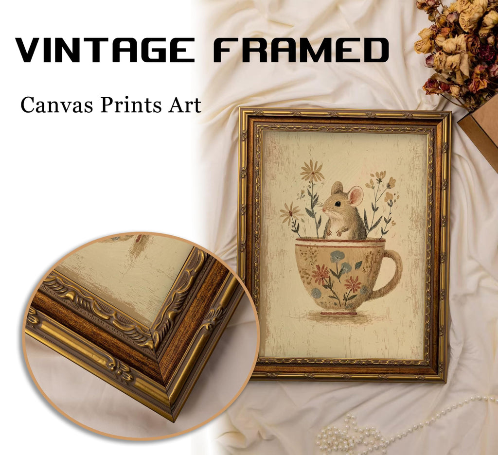 Vintage Gold Framed Mouse Wall Art, Rat in Floral Teacup Canvas Print, Cottagecore Whimsical Animal Picture Wall