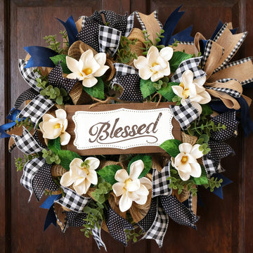 22 Inch Spring Wreath Blessed Magnolia Wreath with Buffalo Check and Burlap Ribbon - Farmhouse Front Door Wreaths