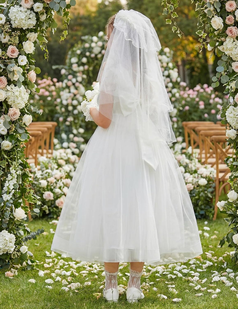 Flower Girl Dress V-Back Bowknot Formal Party Long Tulle Dresses