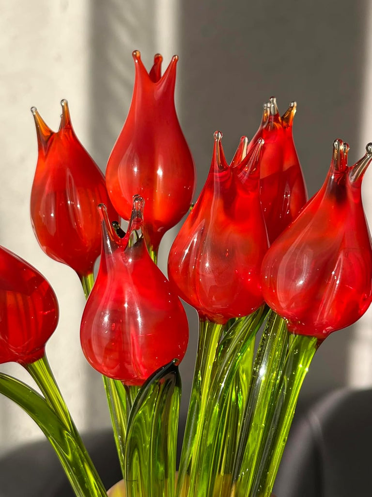 7" Red Glass Tulip Figurine - Hand-Blown Murano-Style Flower - Art Glass Tulip Ornament for Vase or Planter - Gift