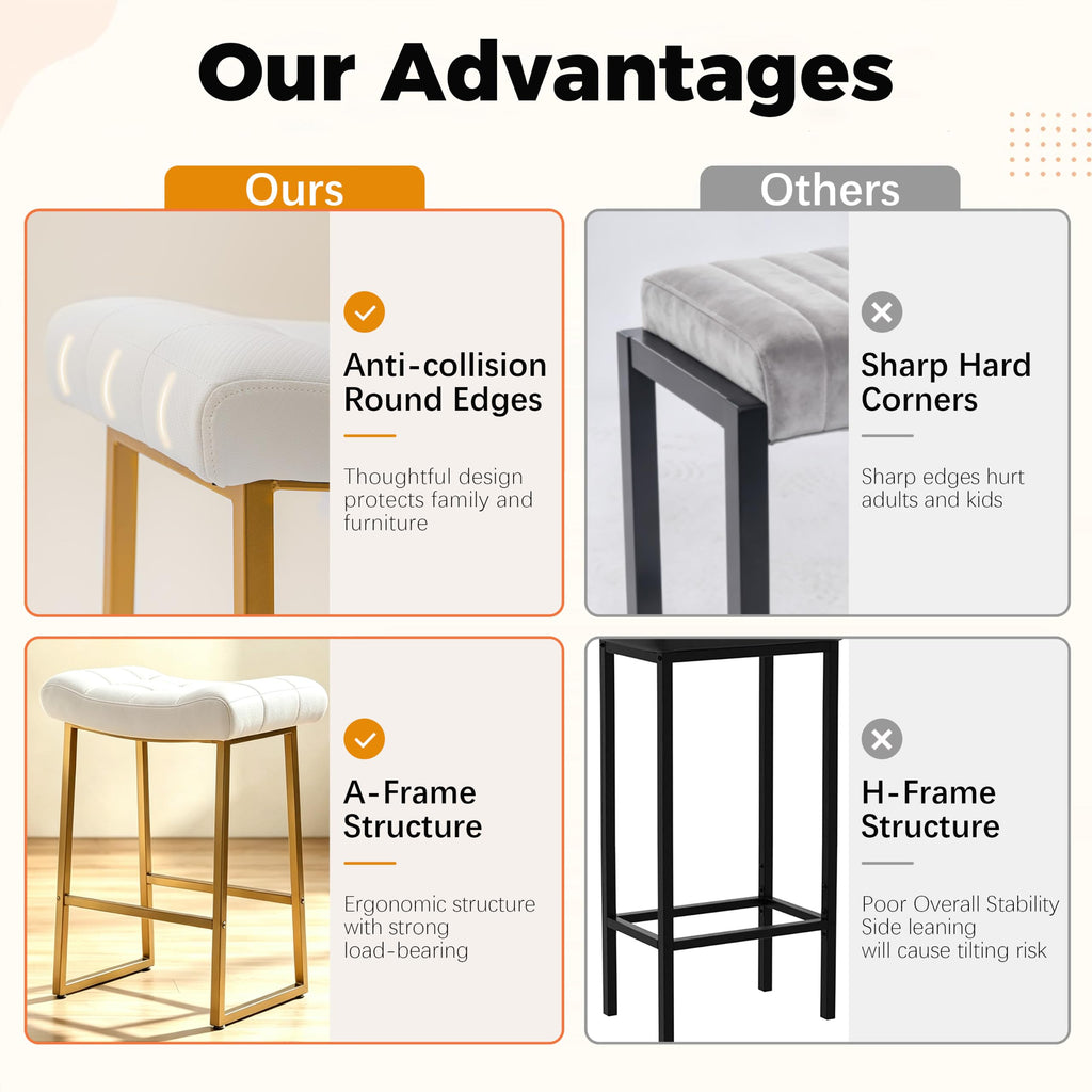 White & Gold Counter Height Bar Stools Set of 3 Counter Backless Kitchen Island Barstools with Upholstered Faux