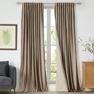 Blackout Taupe Velvet Curtains, 52"W x 90"L (Pack of 2), Living Room, Set of 2 Panels, Liner, Rod Pocket, Back Tab