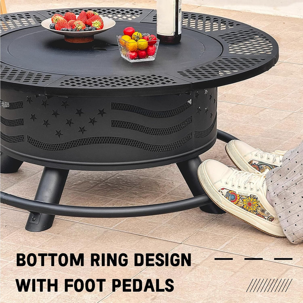 36 Inch Fire Pit with 2 Cooking Grates, Wood Burning BBQ Grill Firepit Bowl with Cover Lid, Steel Round Table - Black