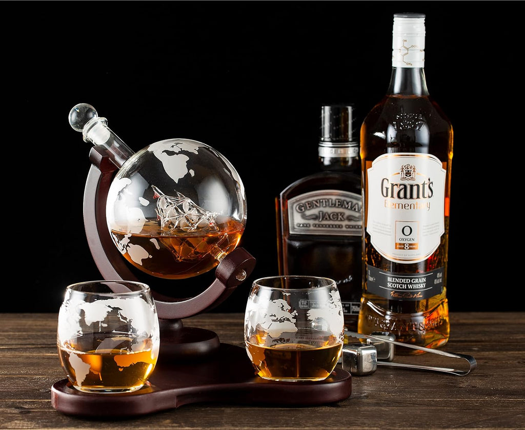 Whiskey Globe Decanter Set with 2 Glasses in Gift Box - Whiskey decanter for Liquor, Whiskey, Brandy, Gin, Rum - Set of 3