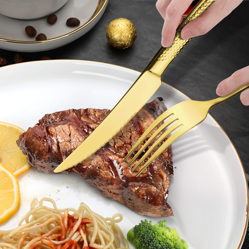 30-Piece Hammered Gold Silverware Set for 6 with Serrated Forging Knives,18/10 Stainless Steel Modern Flatware