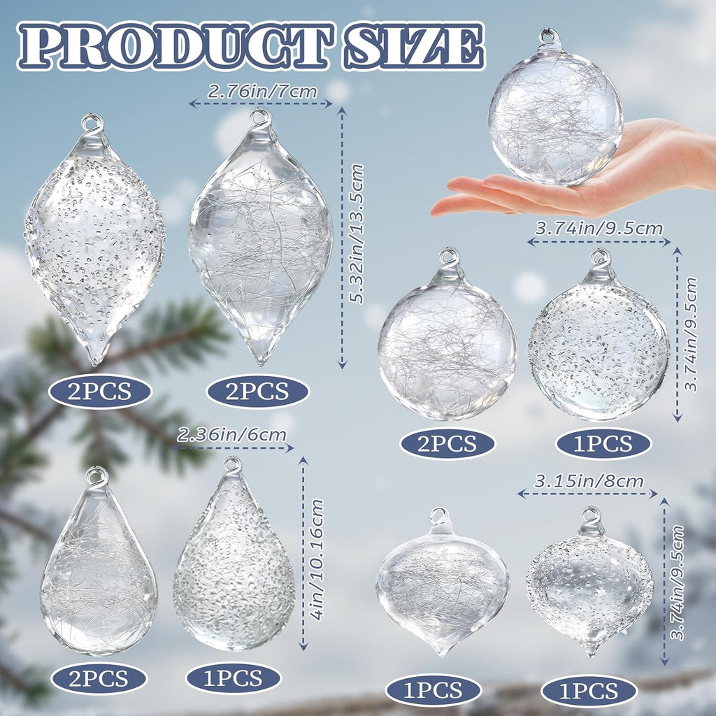 Clear Glass Christmas Ornaments,12-Pc Hand Blown Crystal Ball Decorations - Set of 12