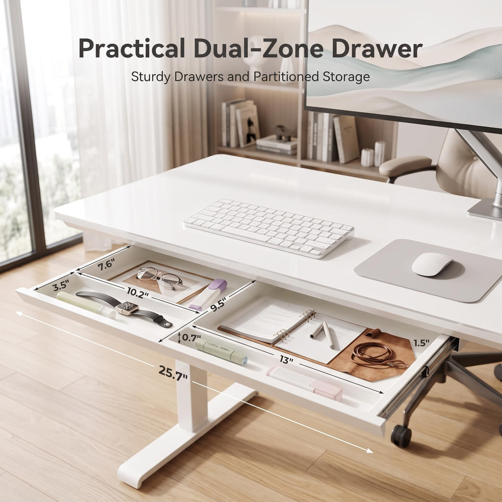 Wireless Charging Glass Standing Desk with Drawer 55 Inches Super White