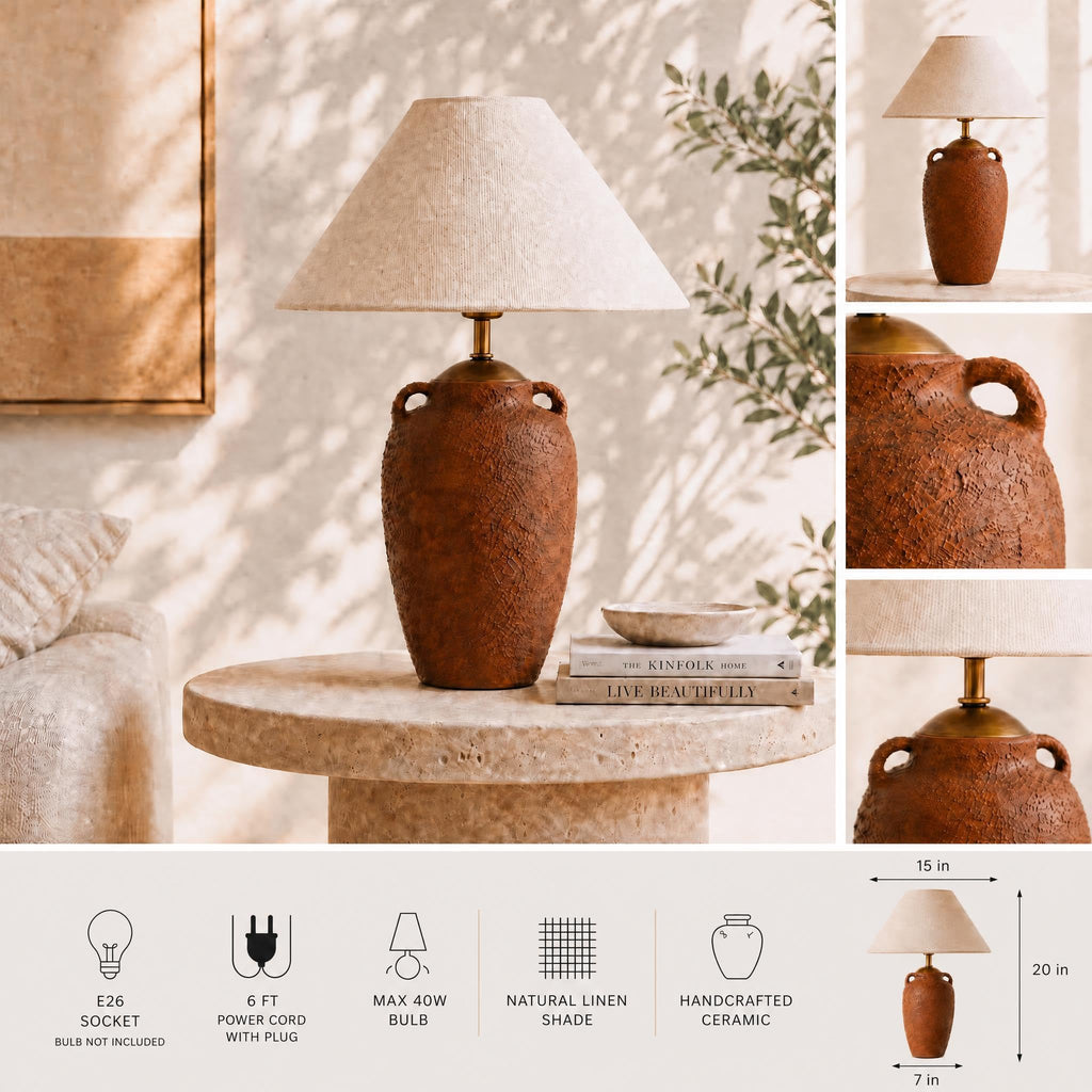 Textured Ceramic Table Lamp with Linen Shade, Rustic Bedside Lamp, Brown
