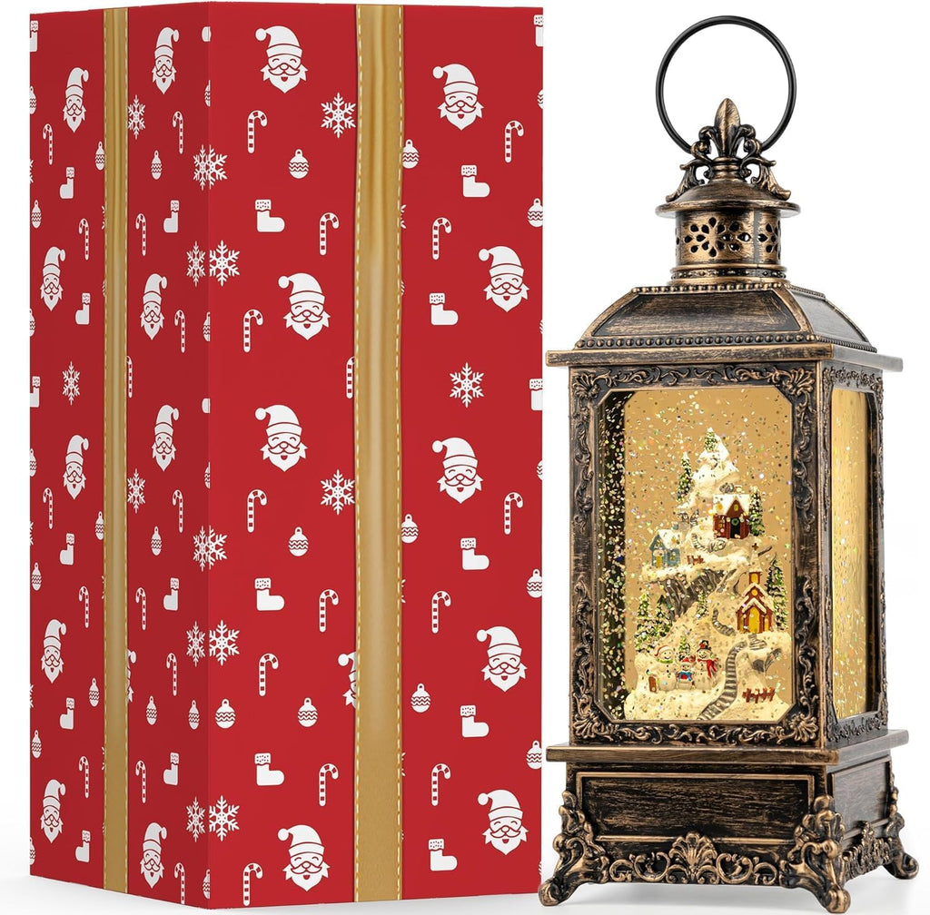 Christmas Snow Globe Lantern Water Glittering Snow Mountain Village with Music & Timer, USB Lined/Battery Operated