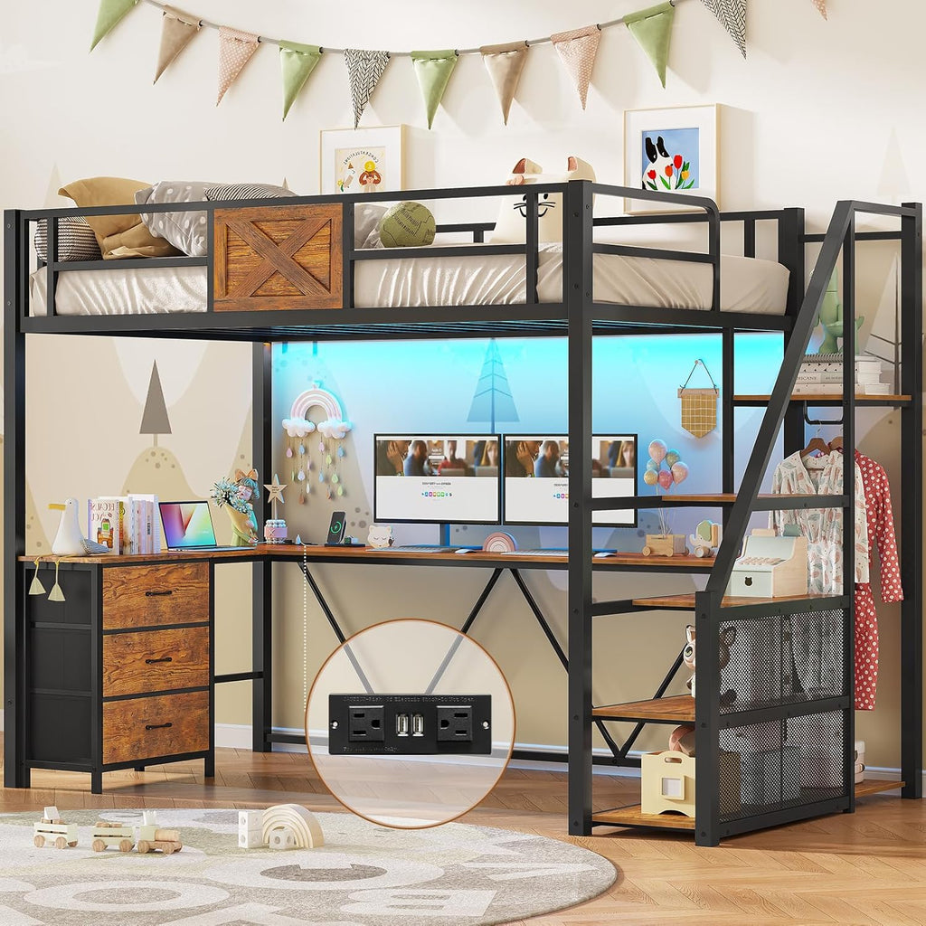 Stairway Twin Loft Bed with L Shaped Desk and Wardrobe, Metal Loft Bed Frame with Storage Stairs, 3 Fabric Drawers