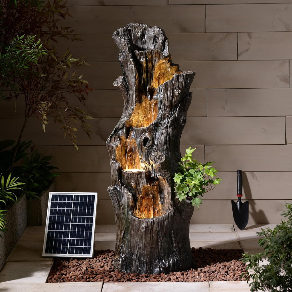 39.37" Tall Solar Water Fountain Outdoor Garden Faux Tree Stump | 5 Tier Solar Powered Water Fountains with LED