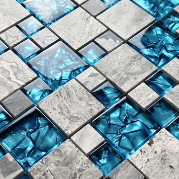Glass Mix Stone Mosaic Tile, Teal Blue & Gray, 5 Sq Ft